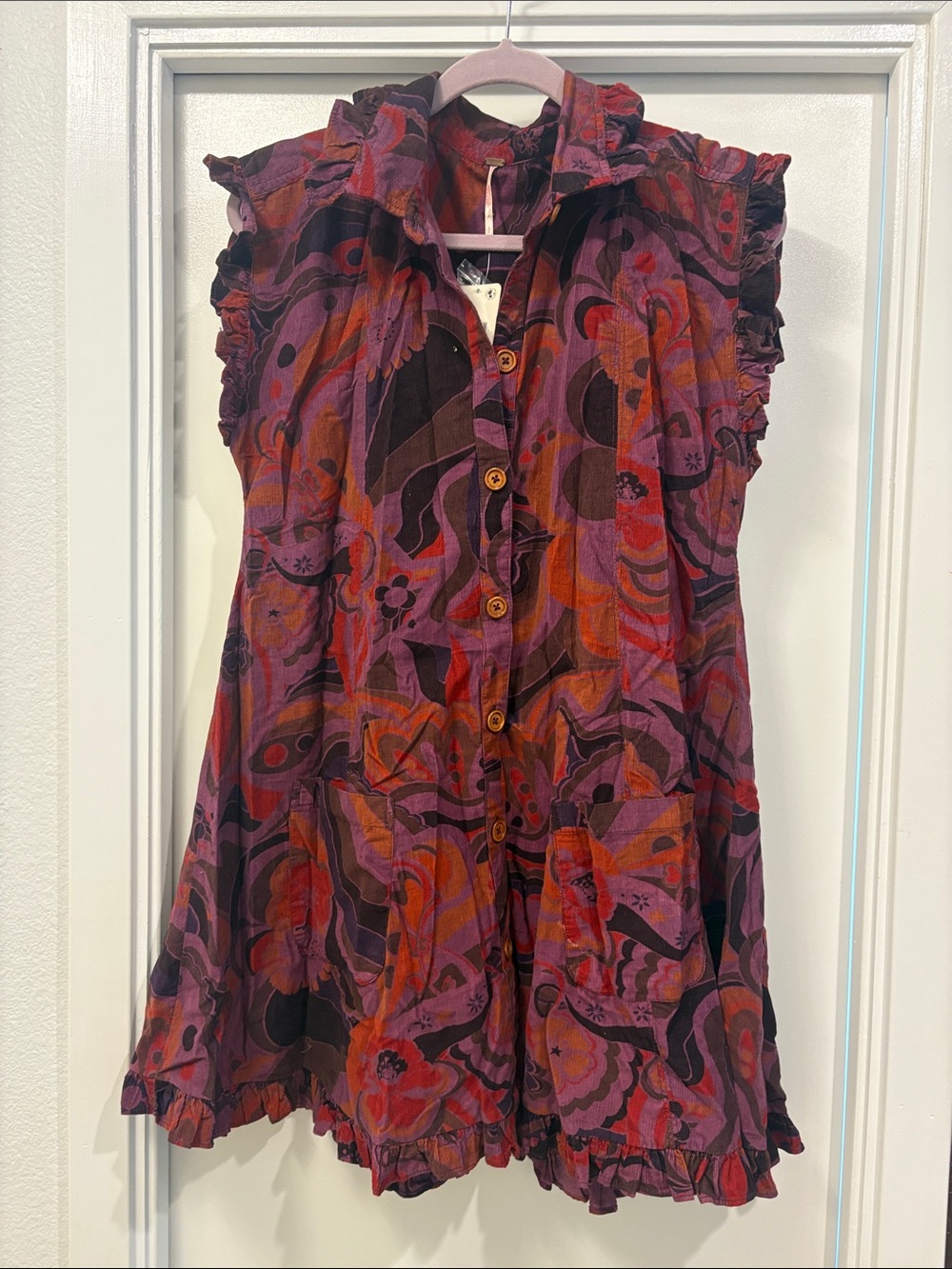 Free People Floral-Abstract Ruffled Sleeveless Mini Dress in Plum and Red-Orange